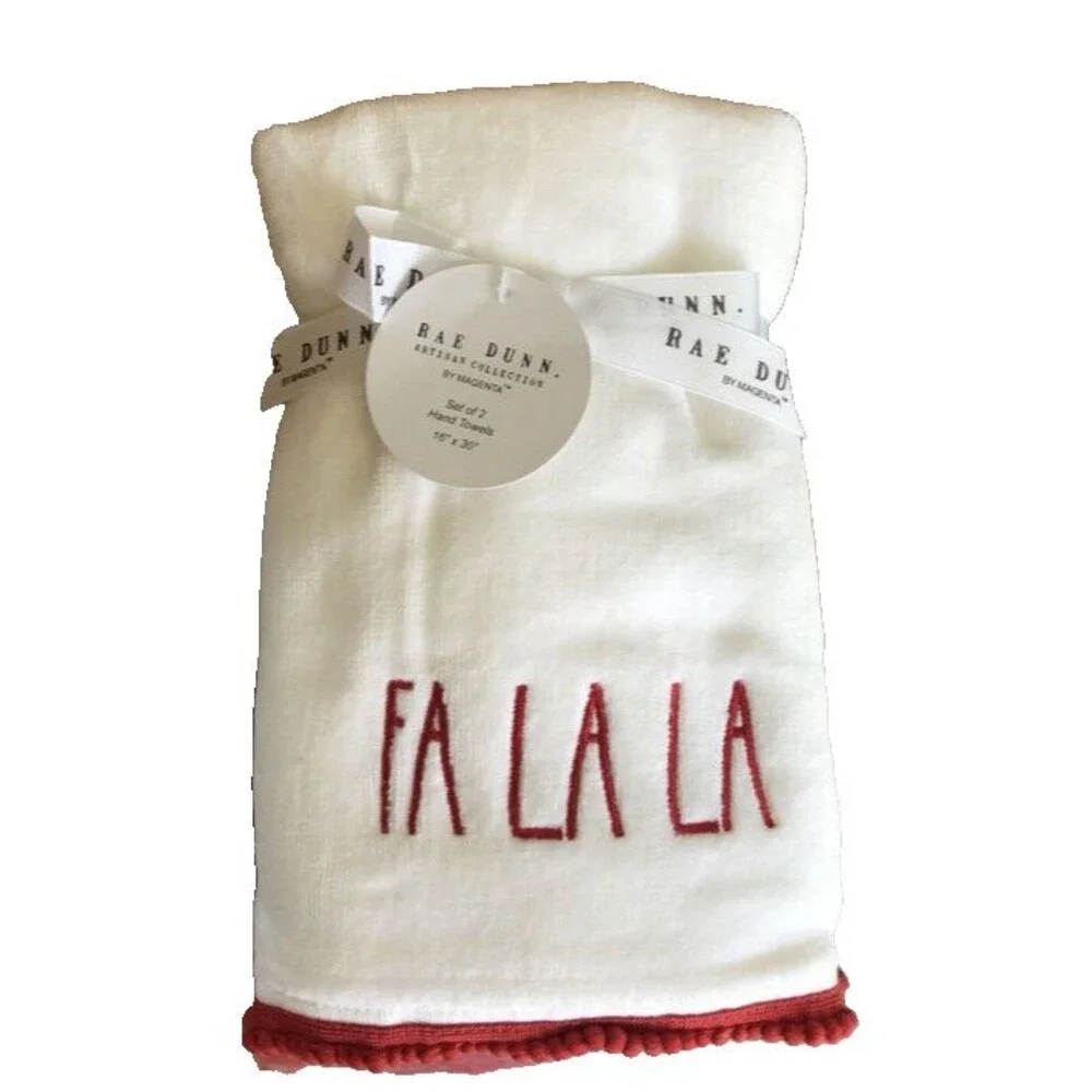 Rae Dunn Christmas Fa La La Hand Towels Set of 2 White Embroidered Guest Bath